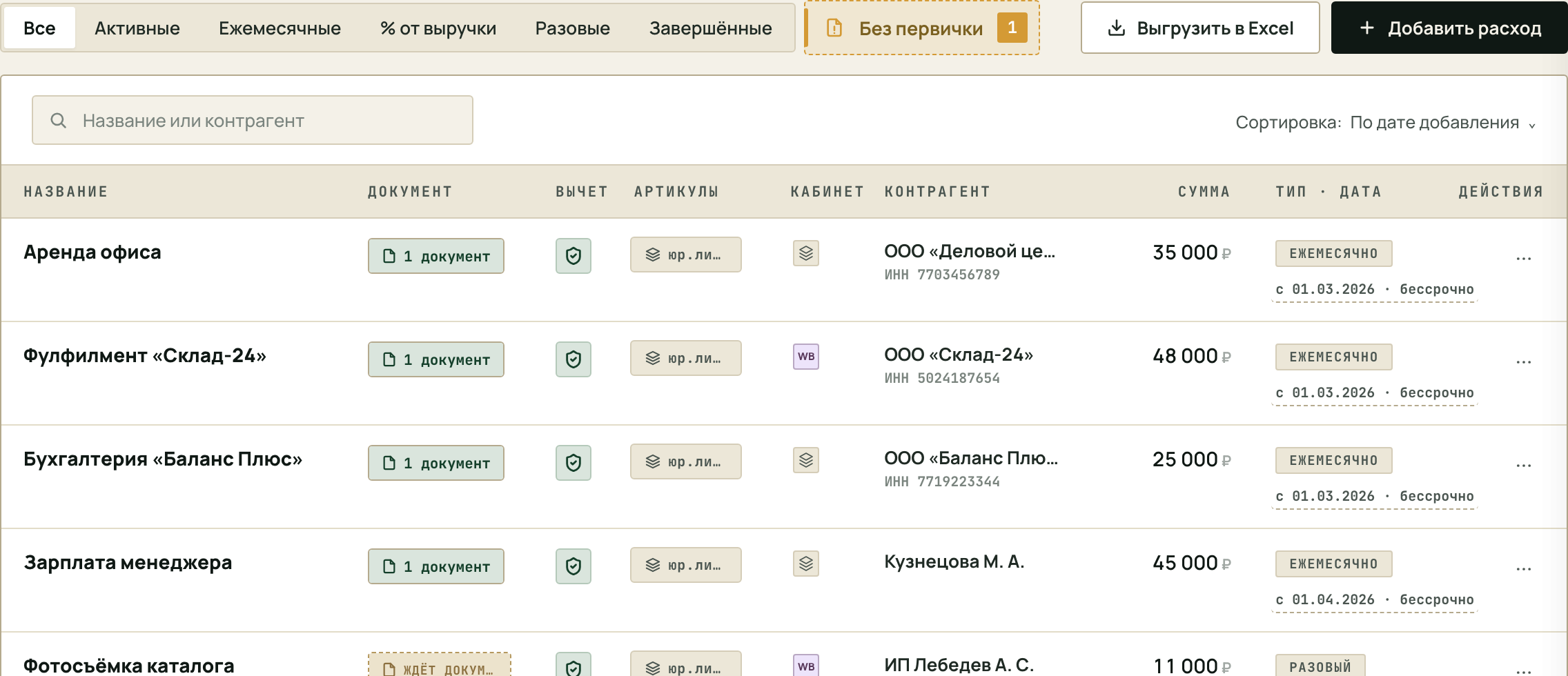 Расходы: каждый расход с документом, отметка «Без первички»